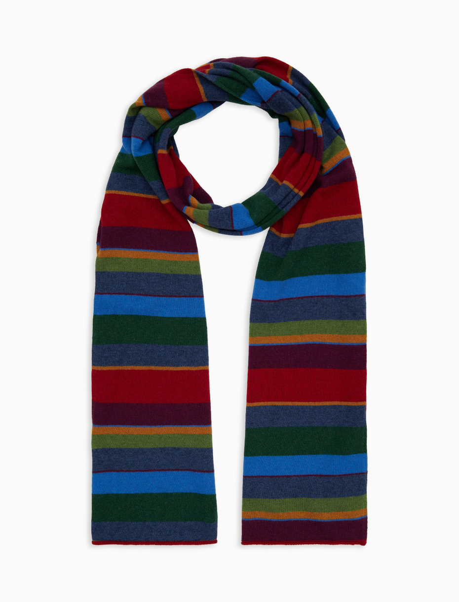 Unisex simple blue wool and cashmere scarf with multicoloured stripes - Gallo 1927 - Official Online Shop