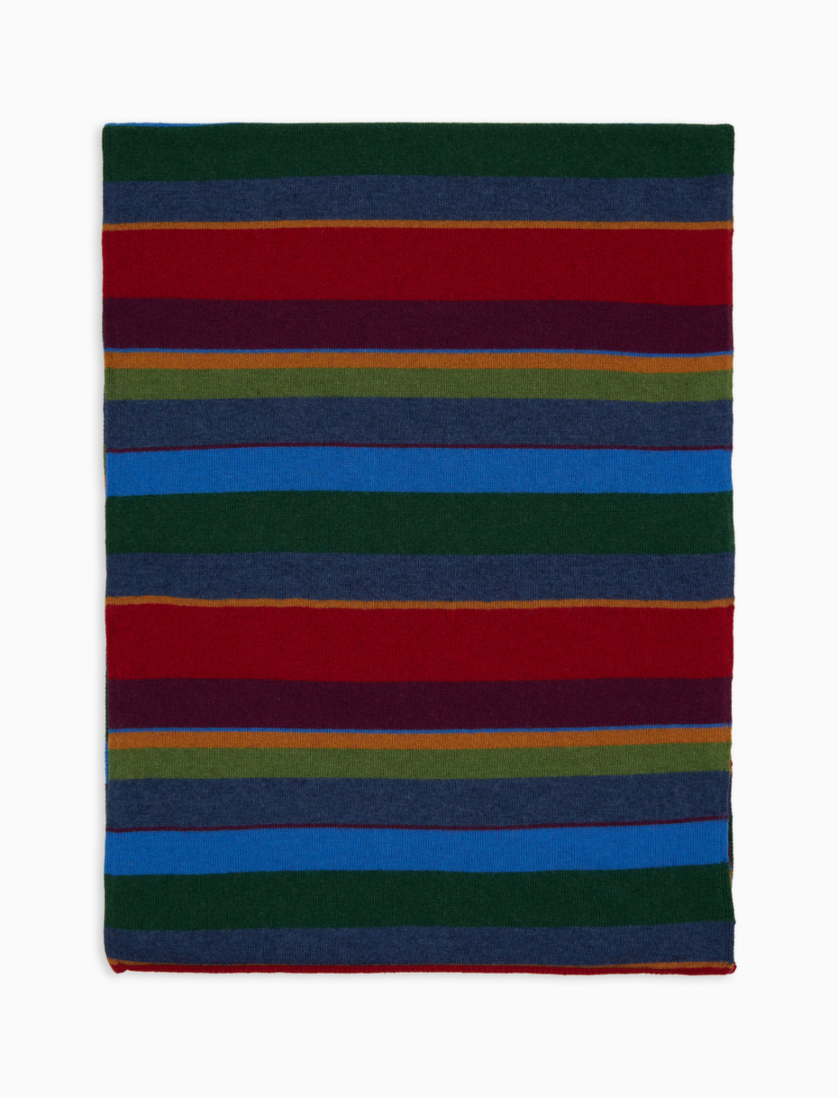 Unisex simple blue wool and cashmere scarf with multicoloured stripes - Gallo 1927 - Official Online Shop