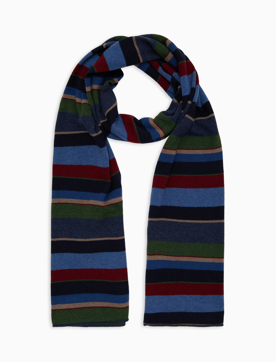 Unisex simple blue wool and cashmere scarf with multicoloured stripes - Gallo 1927 - Official Online Shop