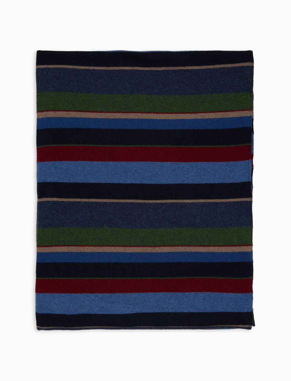 Unisex simple blue wool and cashmere scarf with multicoloured stripes - Gallo 1927 - Official Online Shop