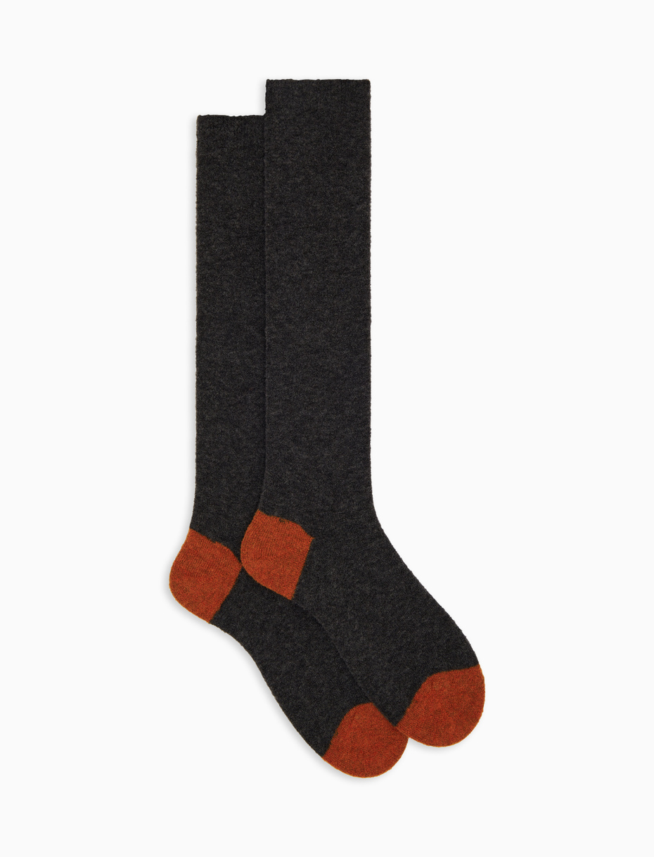 Men's long plain grey bouclé wool socks with contrasting details - Gallo 1927 - Official Online Shop