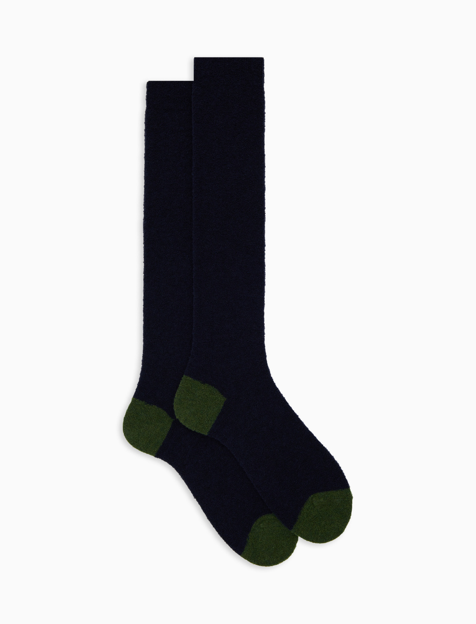 Men's long plain blue bouclé wool socks with contrasting details - Gallo 1927 - Official Online Shop