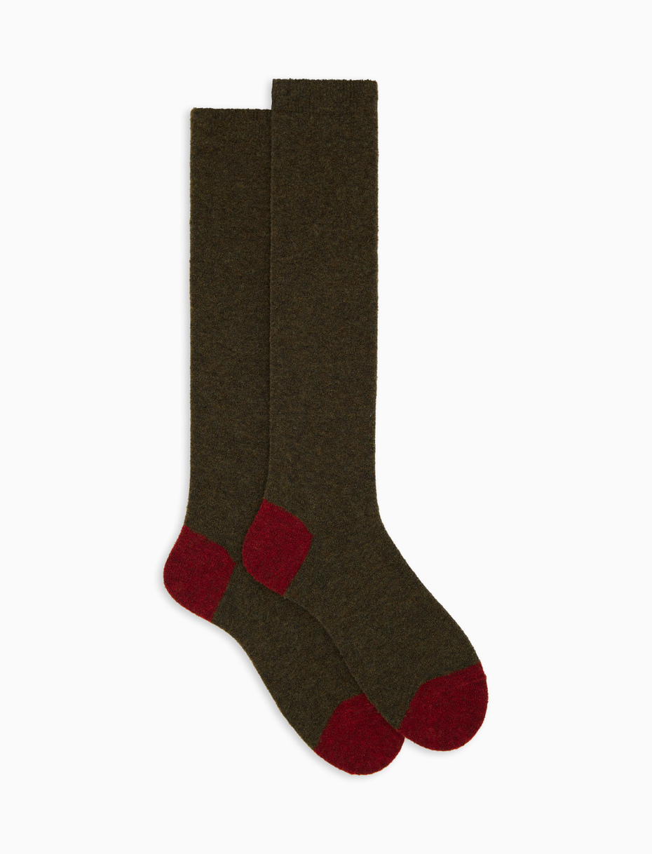 Men's long plain green bouclé wool socks with contrasting details - Gallo 1927 - Official Online Shop