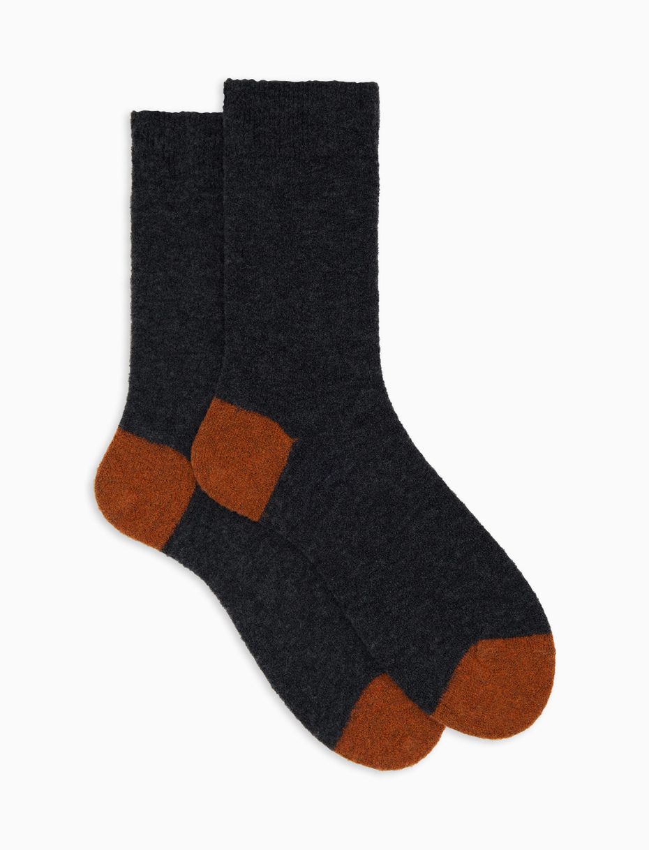 Men's short plain grey bouclé wool socks with contrasting details - Gallo 1927 - Official Online Shop