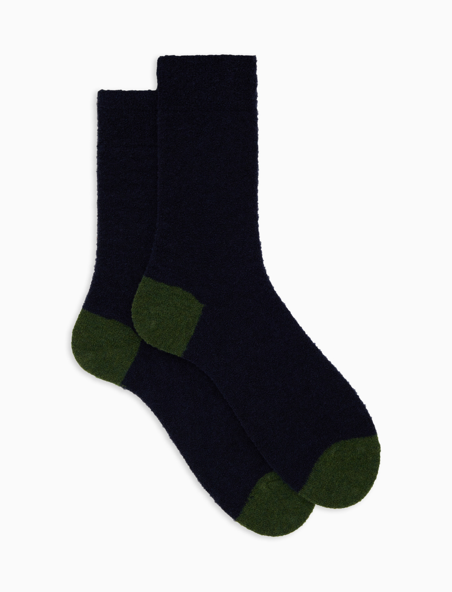 Men's short plain blue bouclé wool socks with contrasting details - Gallo 1927 - Official Online Shop