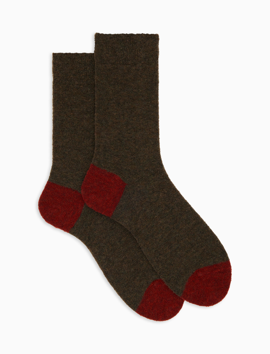 Men's short plain green bouclé wool socks with contrasting details - Gallo 1927 - Official Online Shop