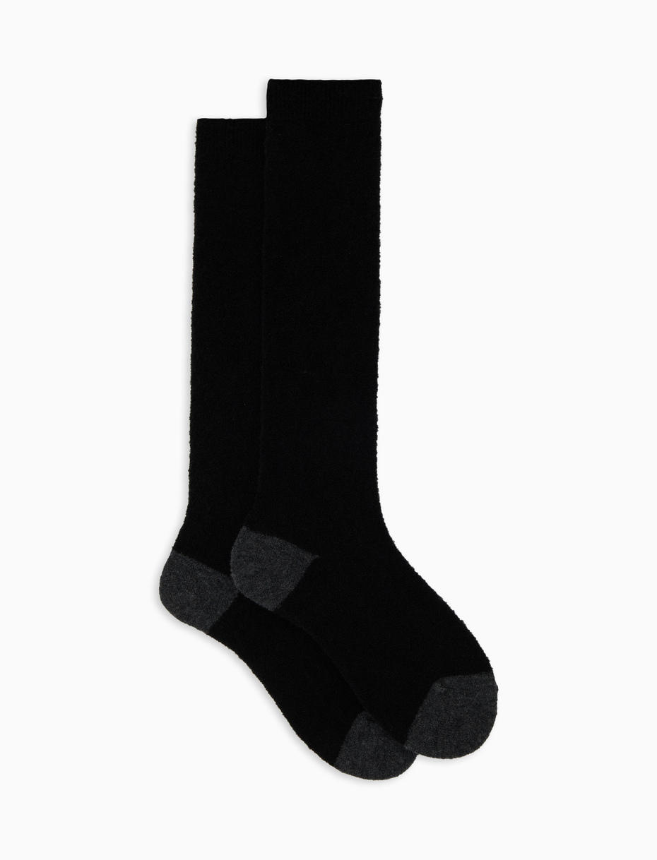 Women's long plain black bouclé wool socks with contrasting details - Gallo 1927 - Official Online Shop
