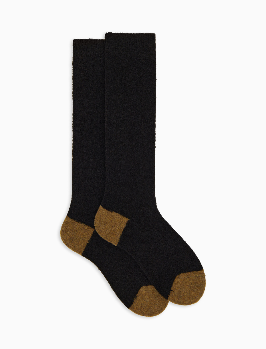 Women's long plain black bouclé wool socks with contrasting details - Gallo 1927 - Official Online Shop