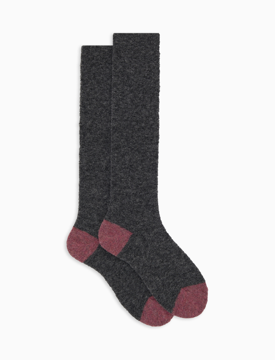 Women's long plain grey bouclé wool socks with contrasting details - Gallo 1927 - Official Online Shop
