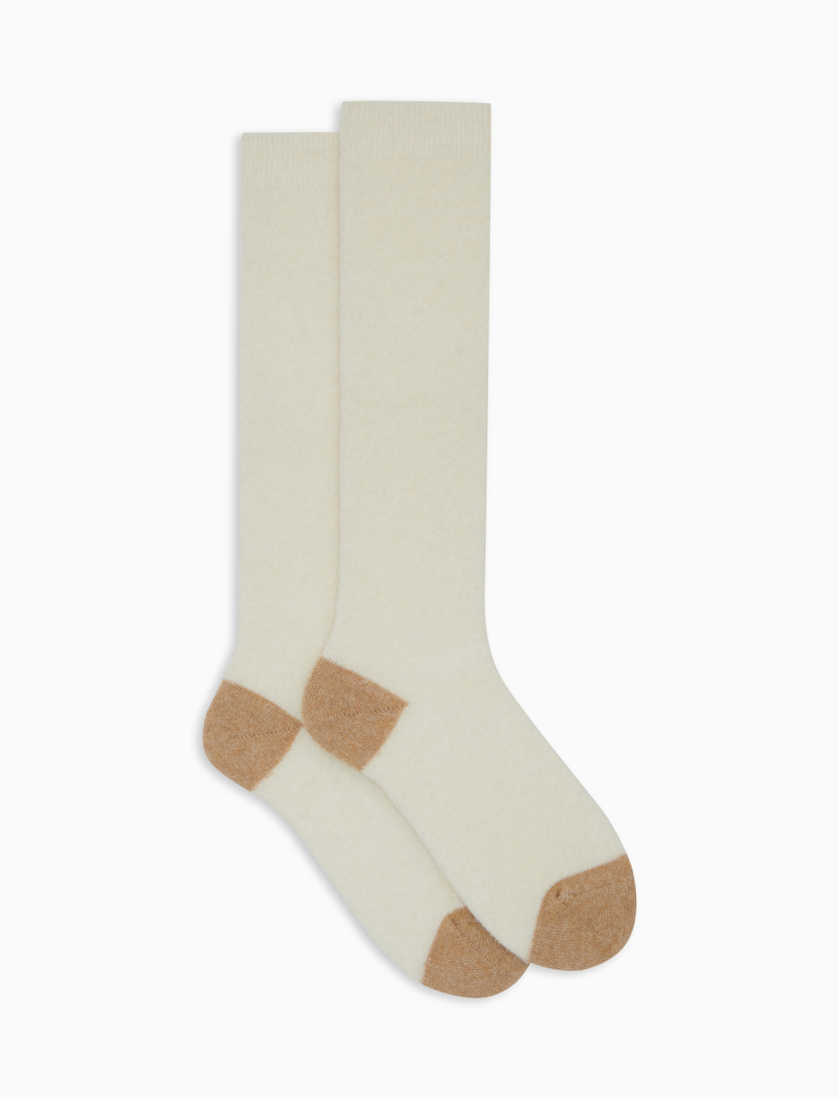 Women's long plain white bouclé wool socks with contrasting details - Gallo 1927 - Official Online Shop