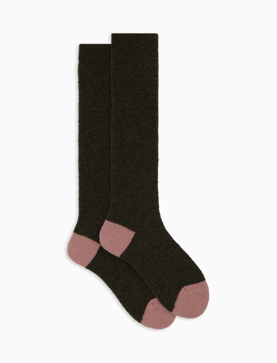 Women's long plain green bouclé wool socks with contrasting details - Gallo 1927 - Official Online Shop