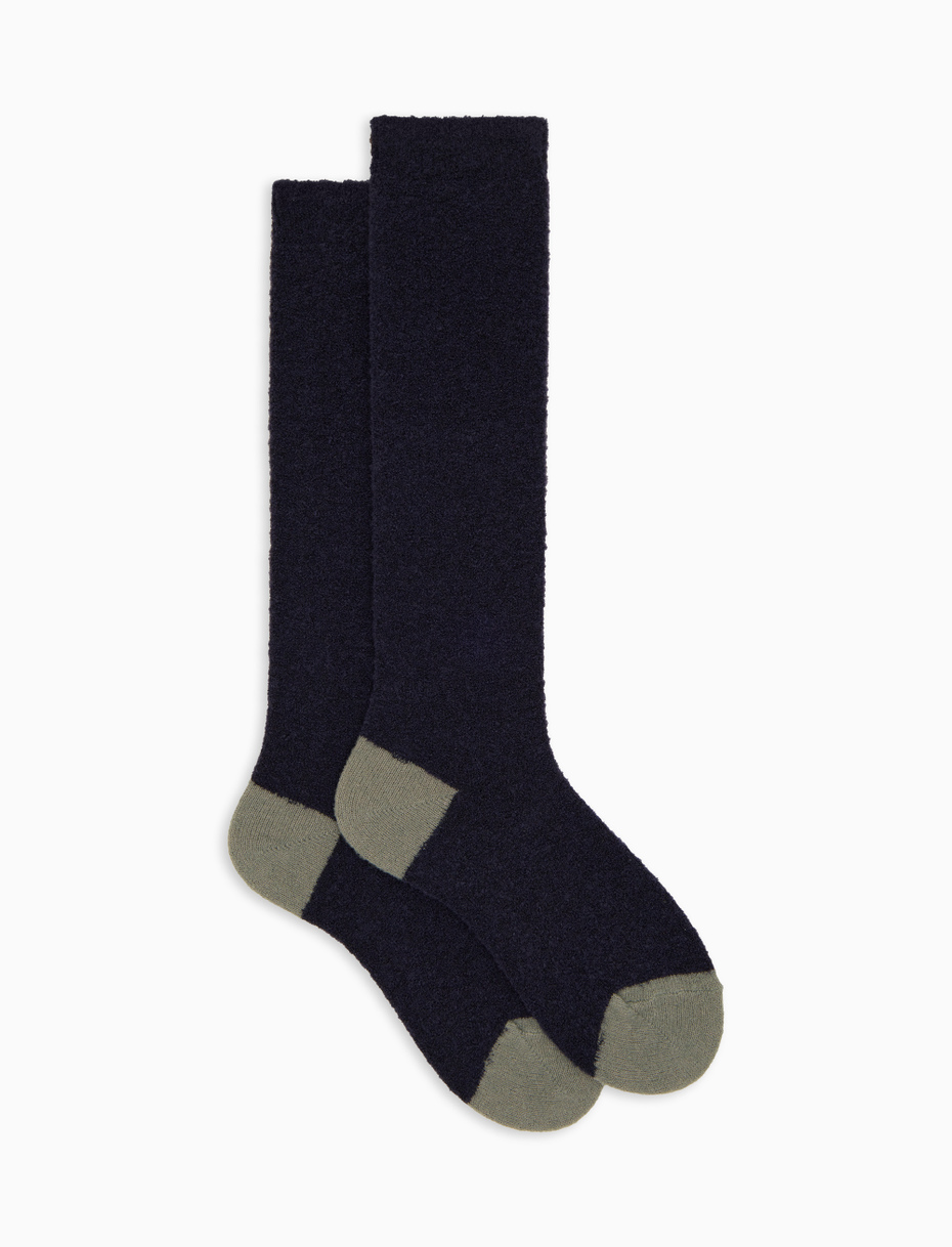 Women's long plain blue bouclé wool socks with contrasting details - Gallo 1927 - Official Online Shop