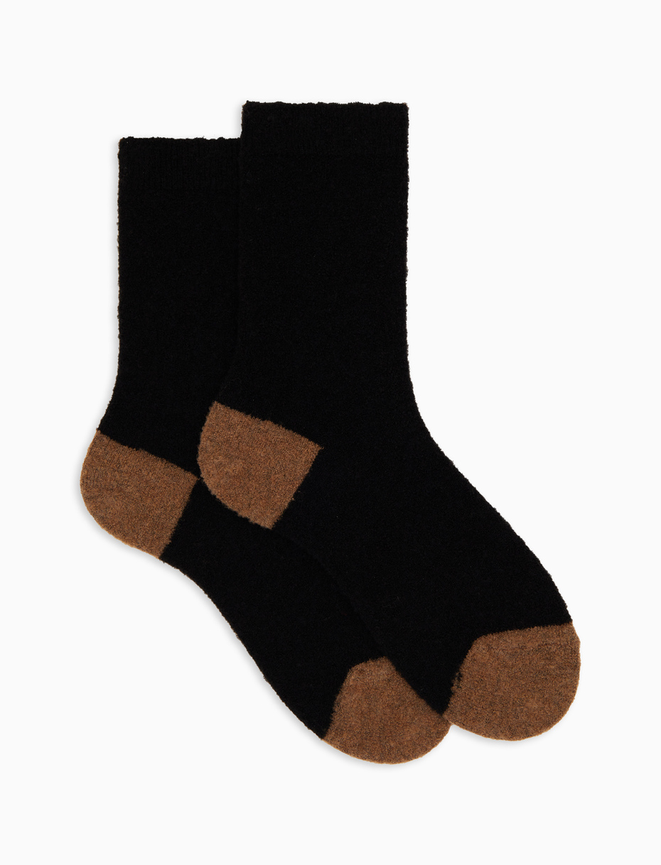 Women's short plain black bouclé wool socks with contrasting details - Gallo 1927 - Official Online Shop