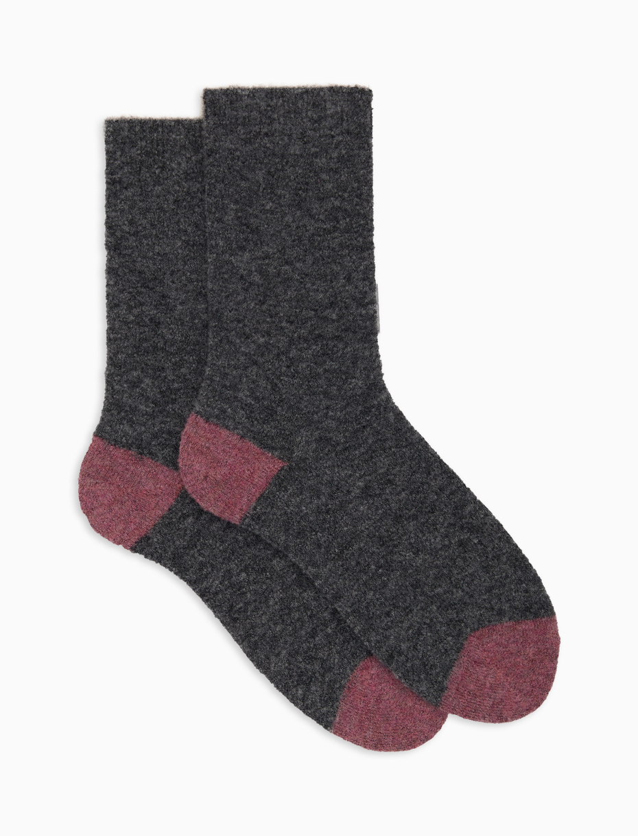 Women's short plain grey bouclé wool socks with contrasting details - Gallo 1927 - Official Online Shop