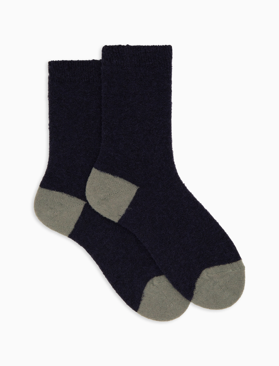 Women's short plain blue bouclé wool socks with contrasting details - Gallo 1927 - Official Online Shop