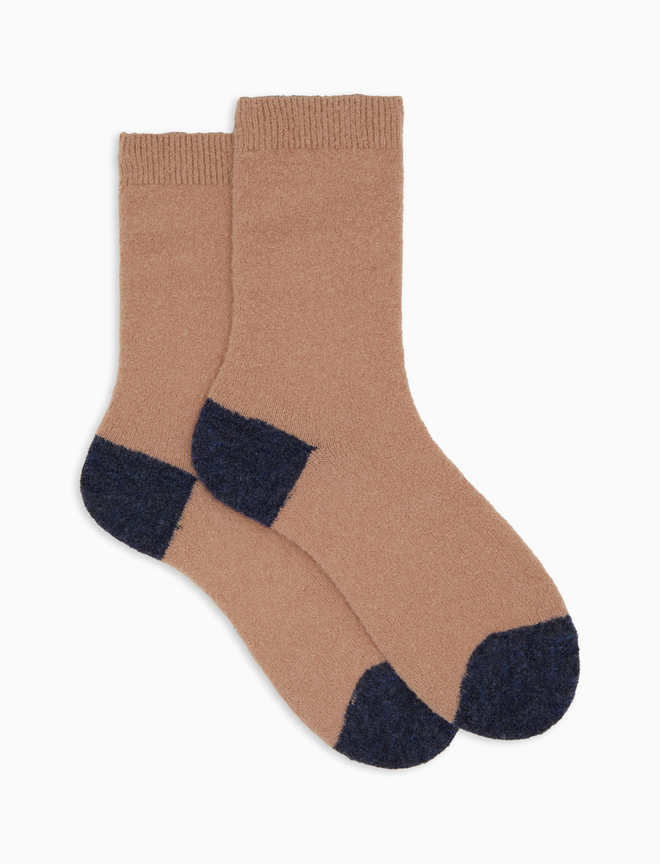 Women's short plain pink bouclé wool socks with contrasting details - Gallo 1927 - Official Online Shop