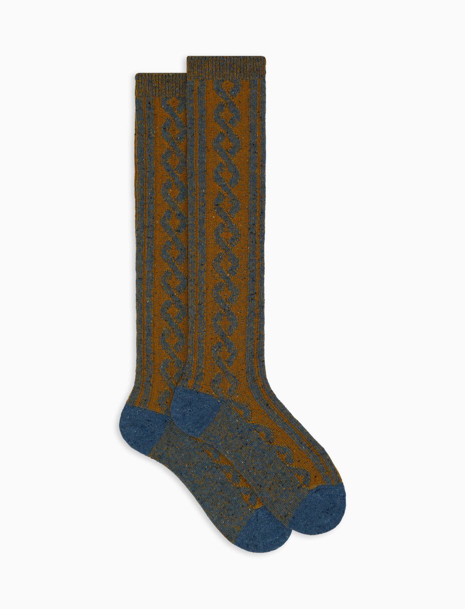 Calze lunghe donna lana, seta e cashmere azzurro fantasia treccia - Gallo 1927 - Official Online Shop