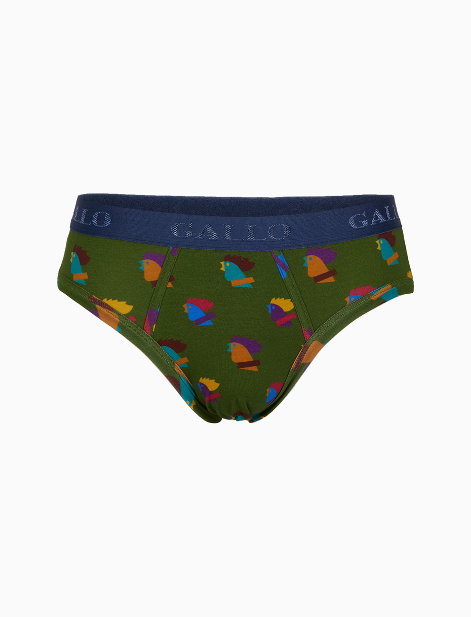 Men's green cotton briefs with multicoloured rooster motif - Gallo 1927 - Official Online Shop