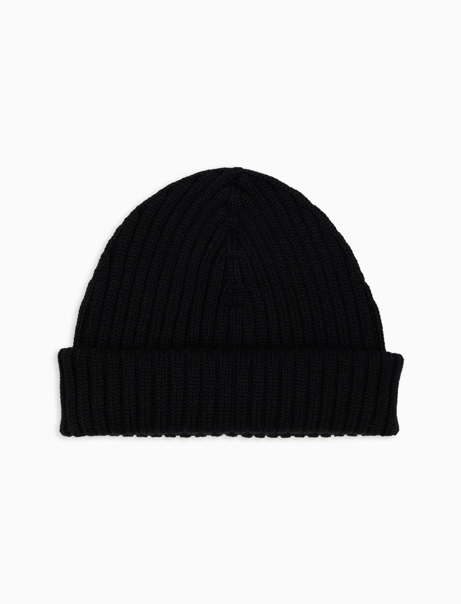 Unisex plain black ribbed wool, silk and cashmere beanie - Gallo 1927 - Official Online Shop