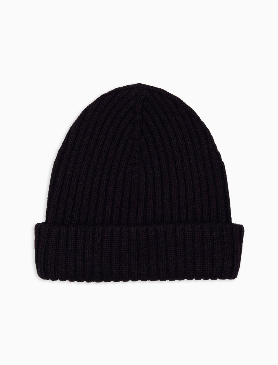 Unisex plain blue ribbed wool, silk and cashmere beanie - Gallo 1927 - Official Online Shop