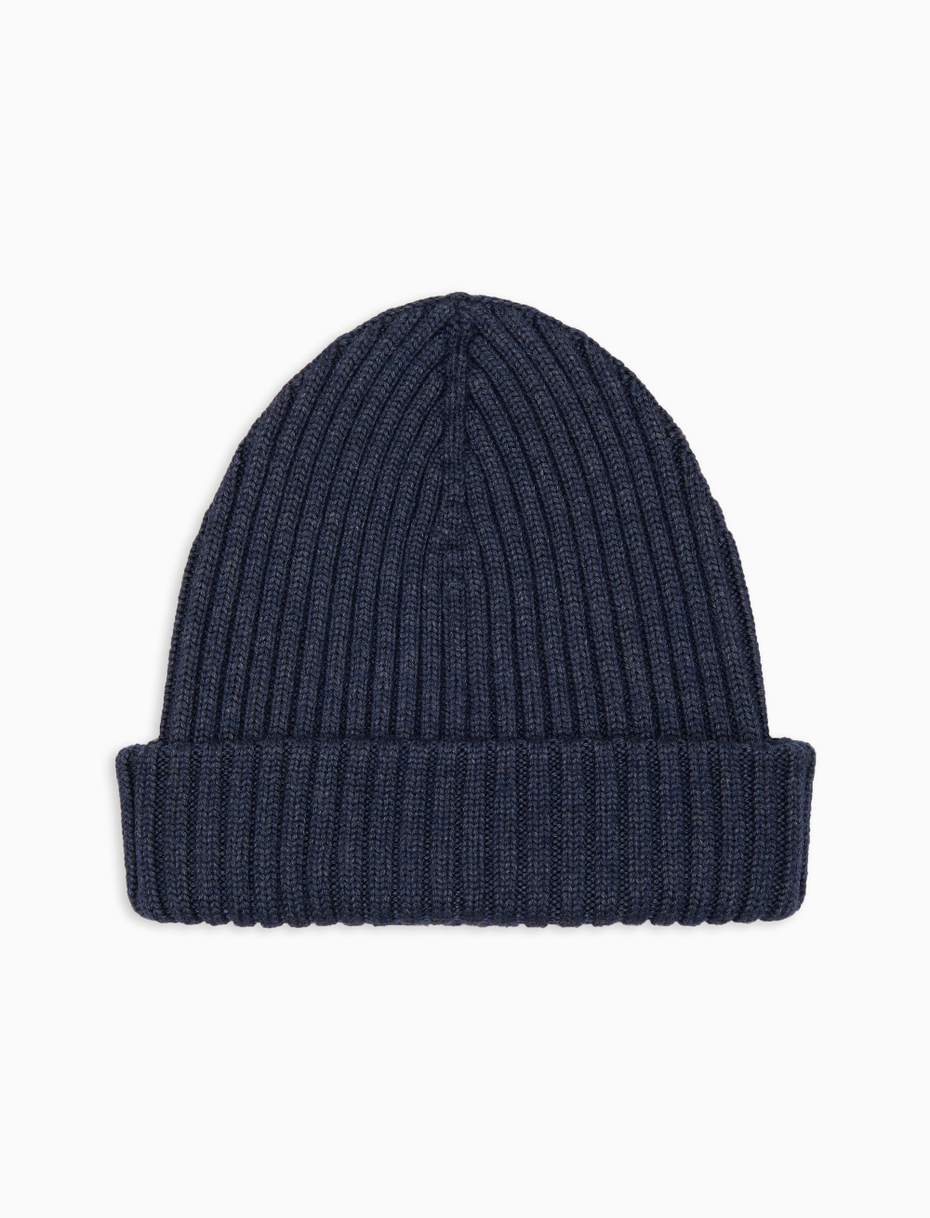 Unisex plain blue ribbed wool, silk and cashmere beanie - Gallo 1927 - Official Online Shop