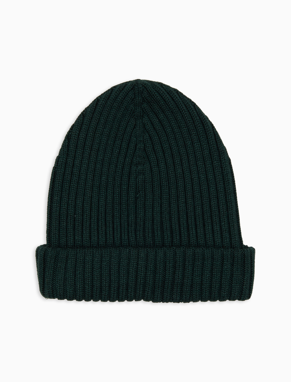 Unisex plain green ribbed wool, silk and cashmere beanie - Gallo 1927 - Official Online Shop