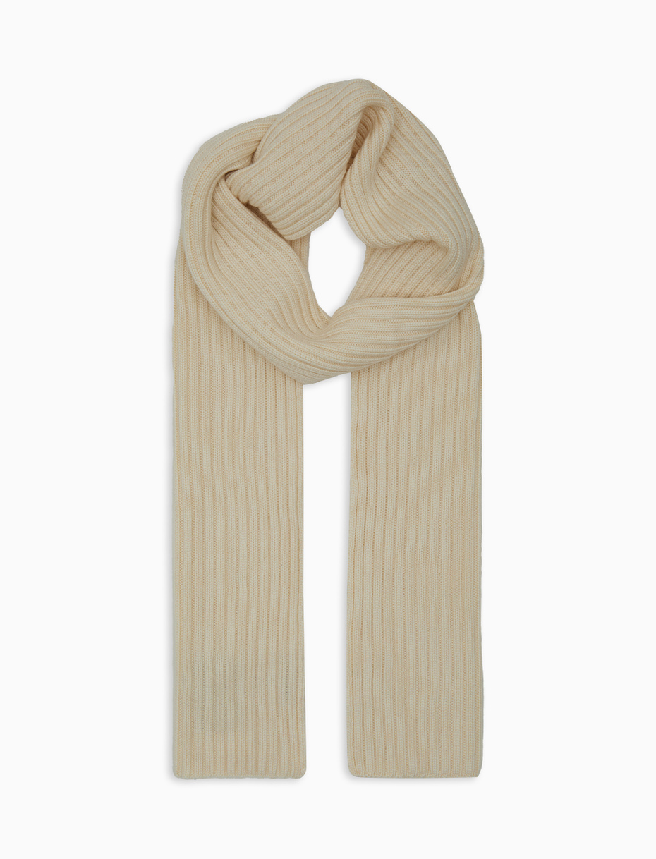 Unisex plain white ribbed scarf in wool, silk and cashmere - Gallo 1927 - Official Online Shop