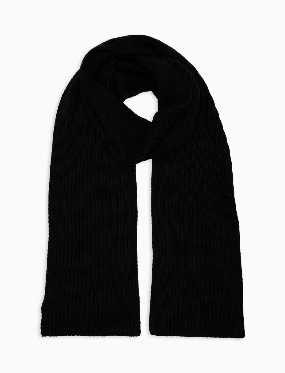 Unisex plain black ribbed scarf in wool, silk and cashmere - Gallo 1927 - Official Online Shop