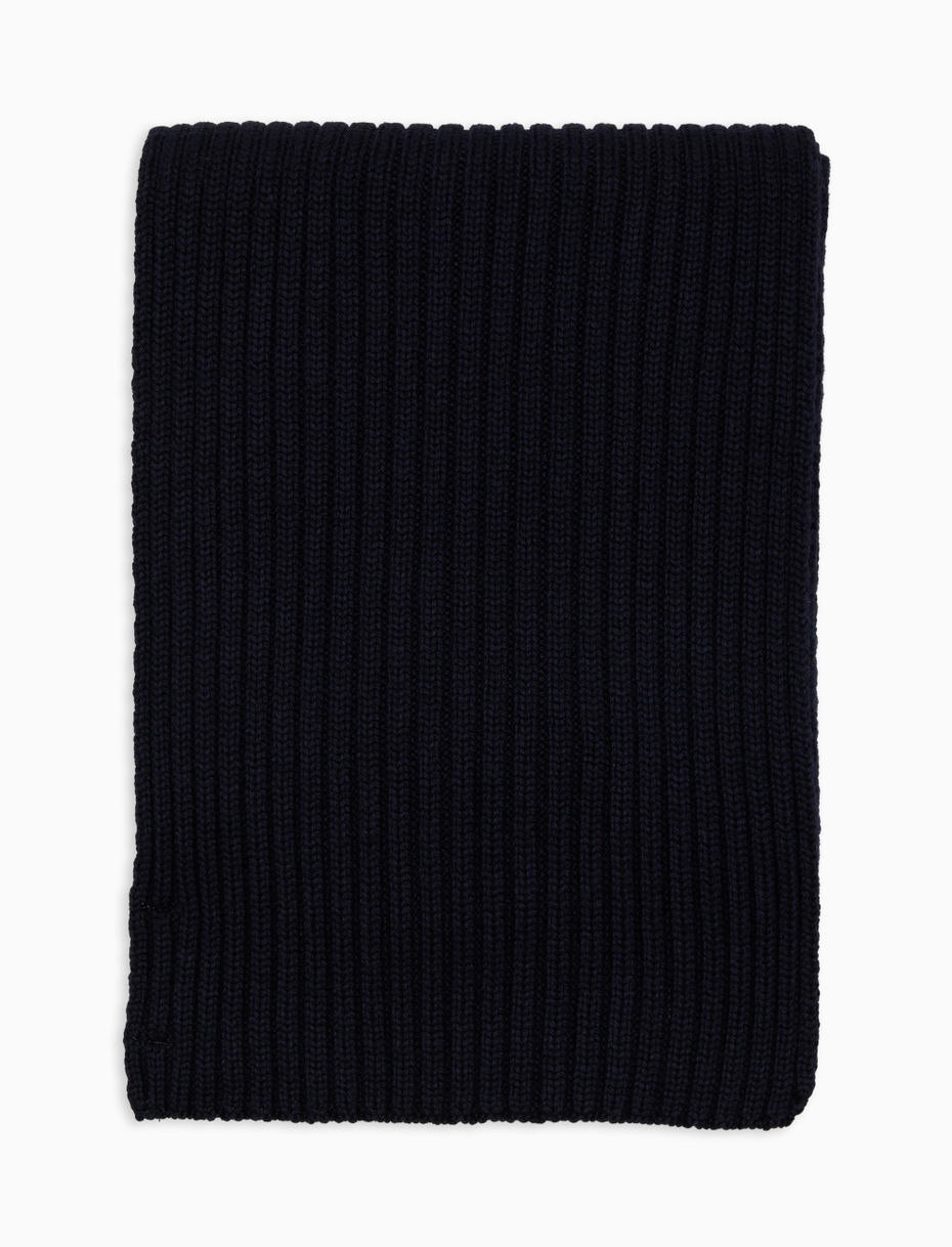 Unisex plain blue ribbed scarf in wool, silk and cashmere - Gallo 1927 - Official Online Shop