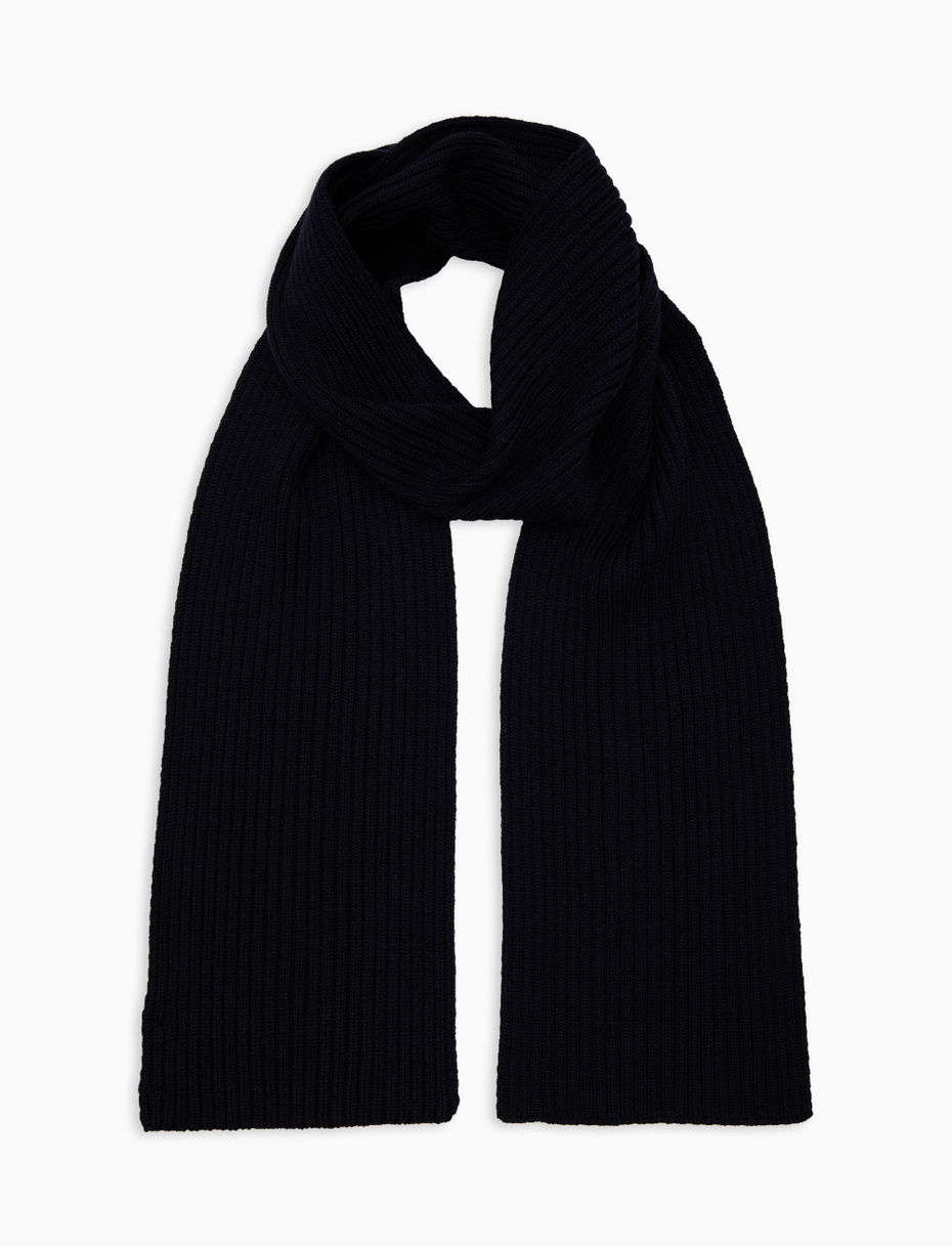 Unisex plain blue ribbed scarf in wool, silk and cashmere - Gallo 1927 - Official Online Shop