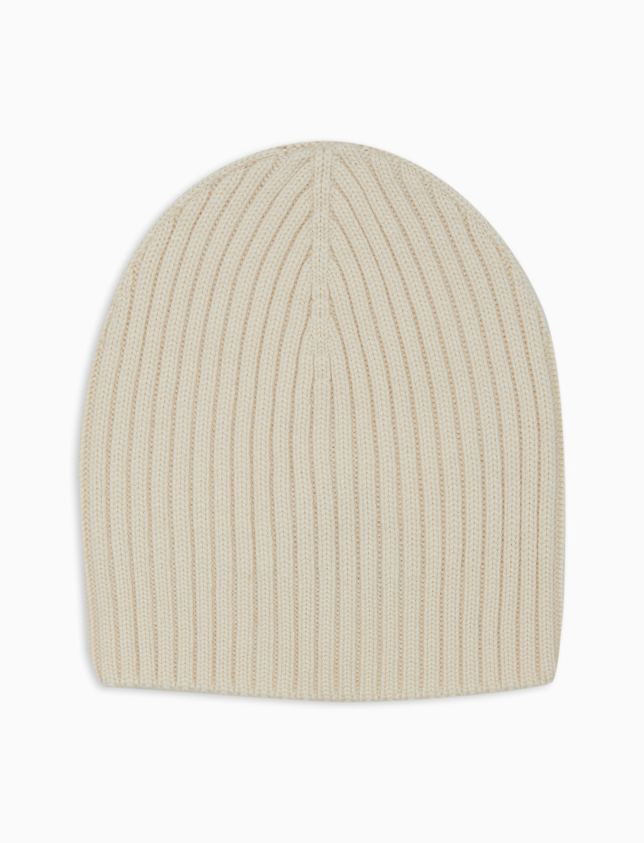 Unisex plain white ribbed beanie in wool, silk and cashmere - Gallo 1927 - Official Online Shop
