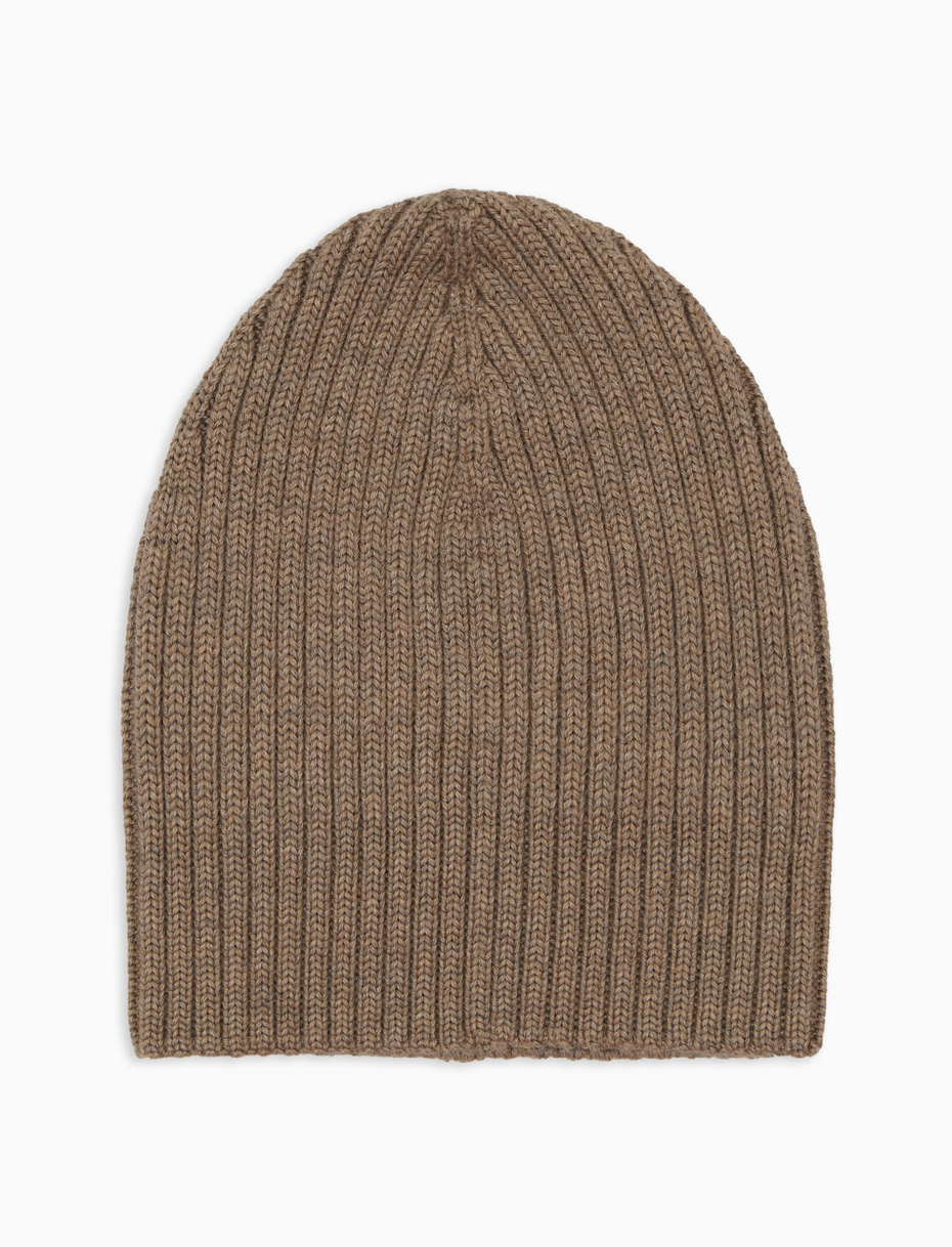 Unisex plain beige ribbed beanie in wool, silk and cashmere - Gallo 1927 - Official Online Shop