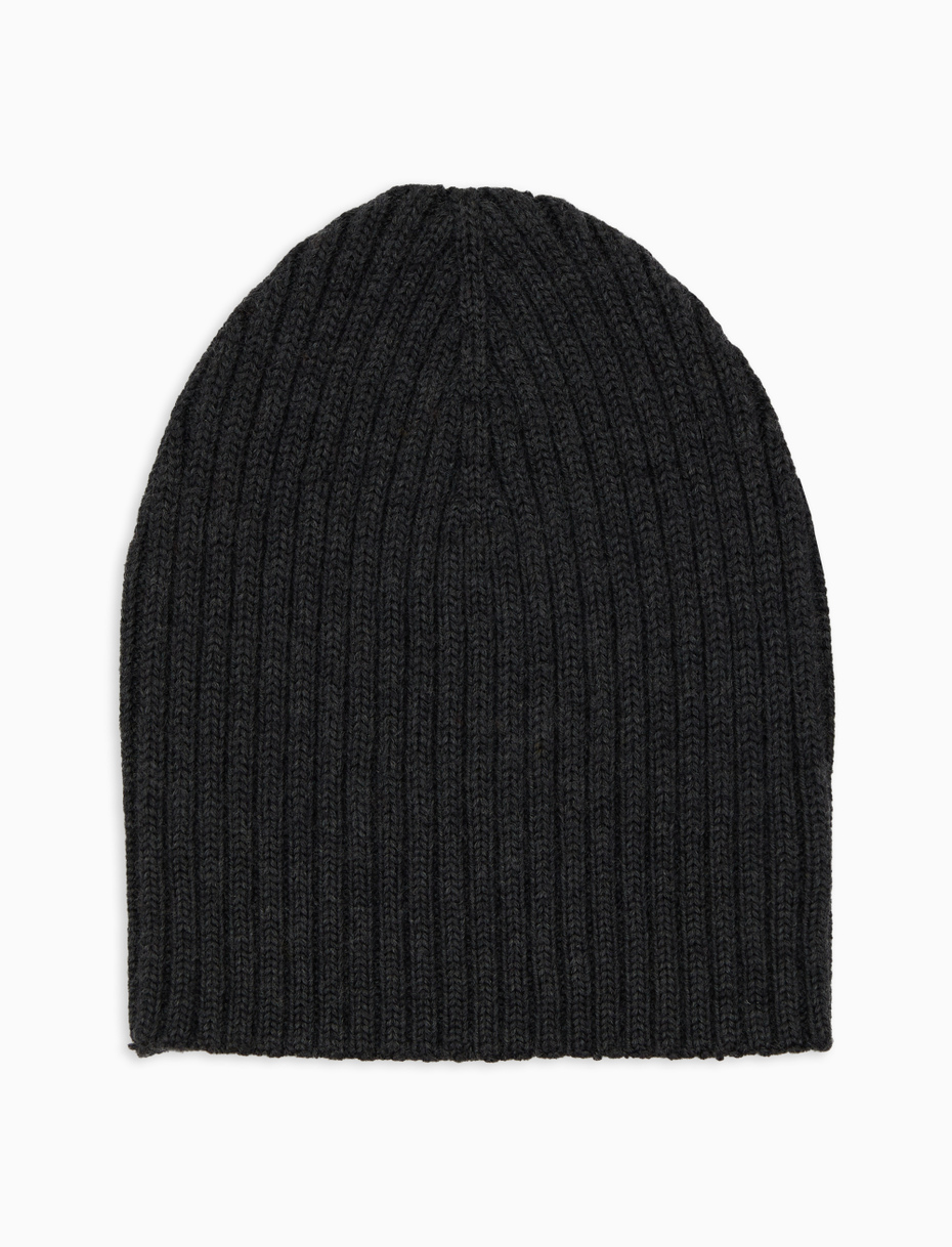 Unisex plain grey ribbed beanie in wool, silk and cashmere - Gallo 1927 - Official Online Shop