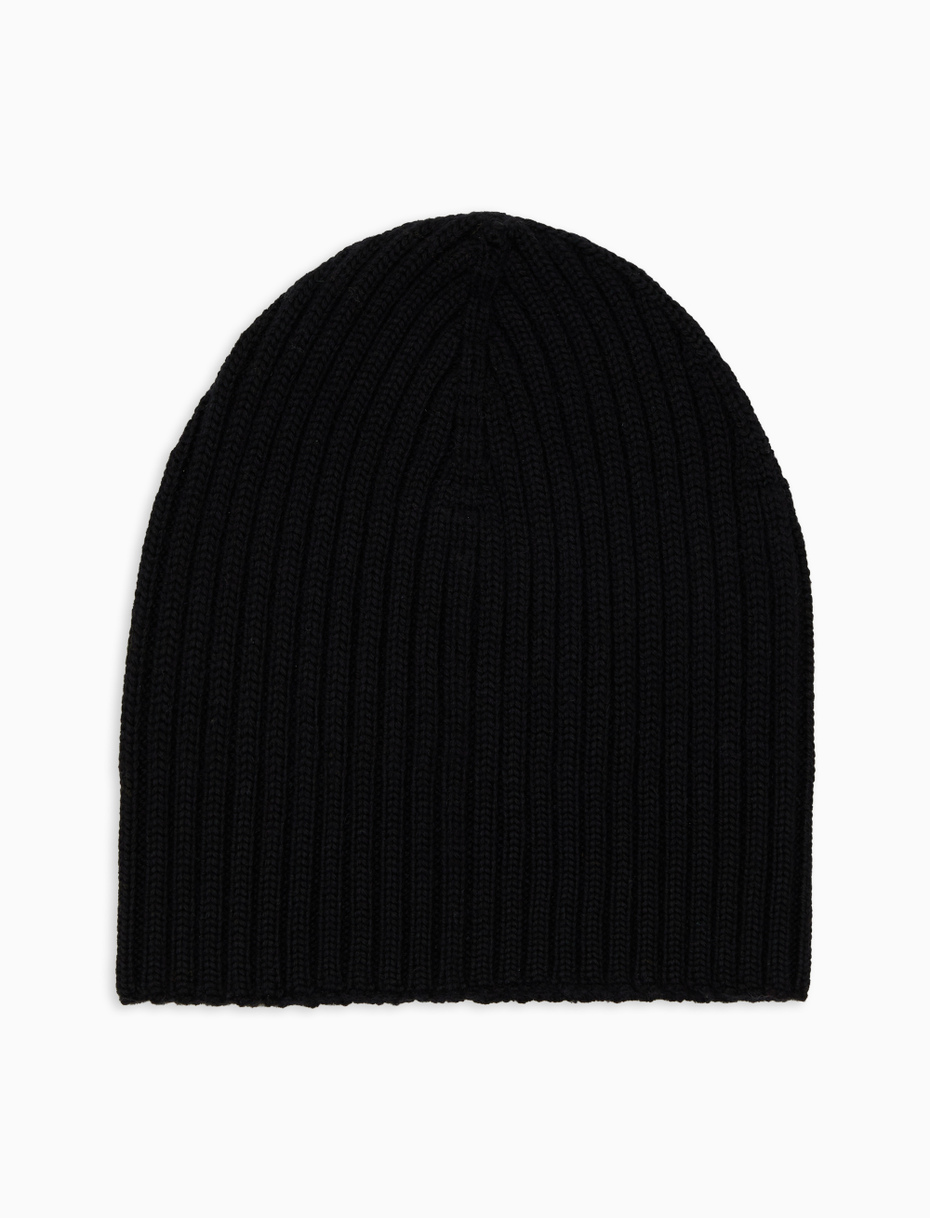 Unisex plain black ribbed beanie in wool, silk and cashmere - Gallo 1927 - Official Online Shop