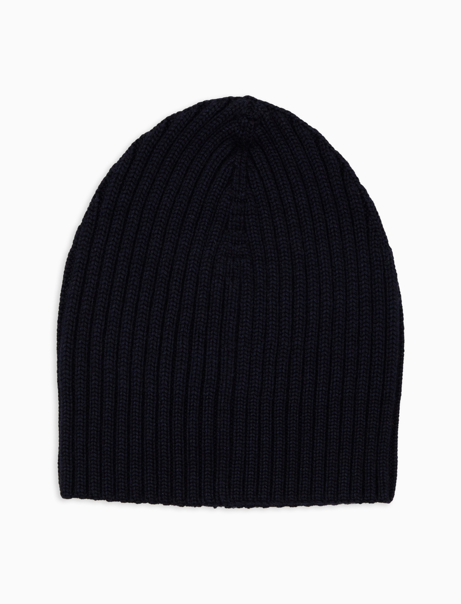 Unisex plain blue ribbed beanie in wool, silk and cashmere - Gallo 1927 - Official Online Shop
