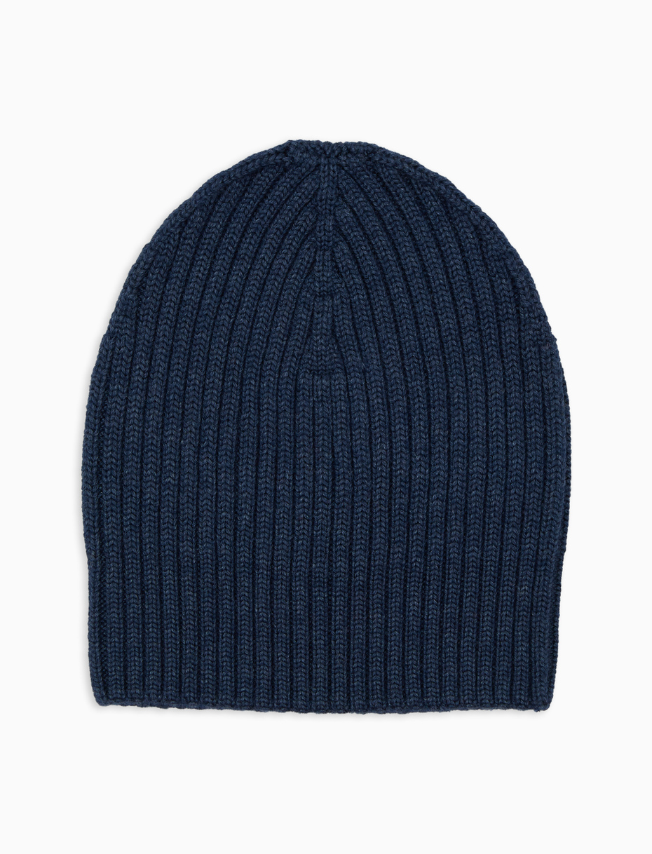 Calotta unisex lana, seta e caschmere blu a coste tinta unita - Gallo 1927 - Official Online Shop