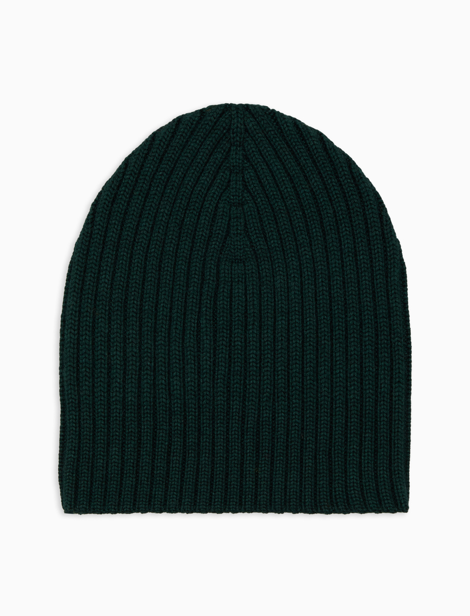 Unisex plain green ribbed beanie in wool, silk and cashmere - Gallo 1927 - Official Online Shop