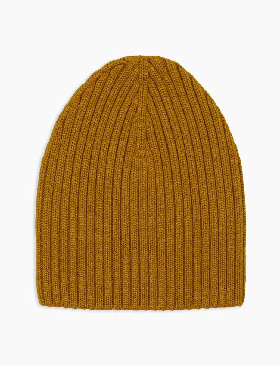 Unisex plain yellow ribbed beanie in wool, silk and cashmere - Gallo 1927 - Official Online Shop