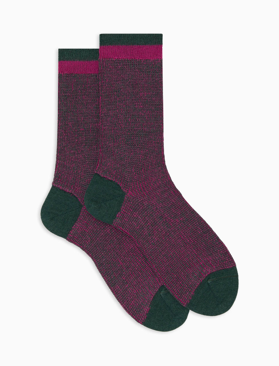Unisex short green wool, silk and cashmere socks with mouliné motif - Gallo 1927 - Official Online Shop