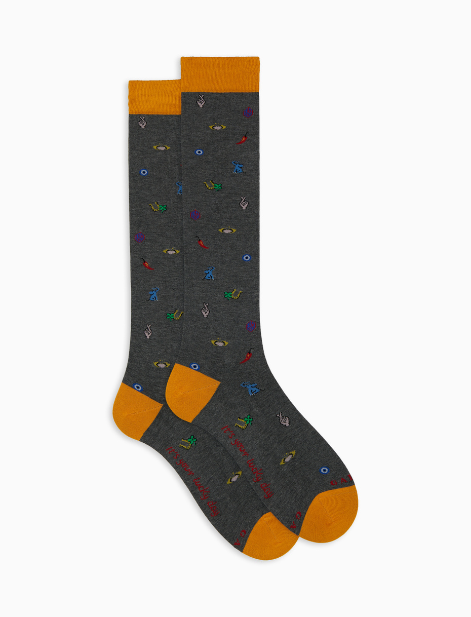 Men’s long grey cotton socks with lucky charm motif - Gallo 1927 - Official Online Shop
