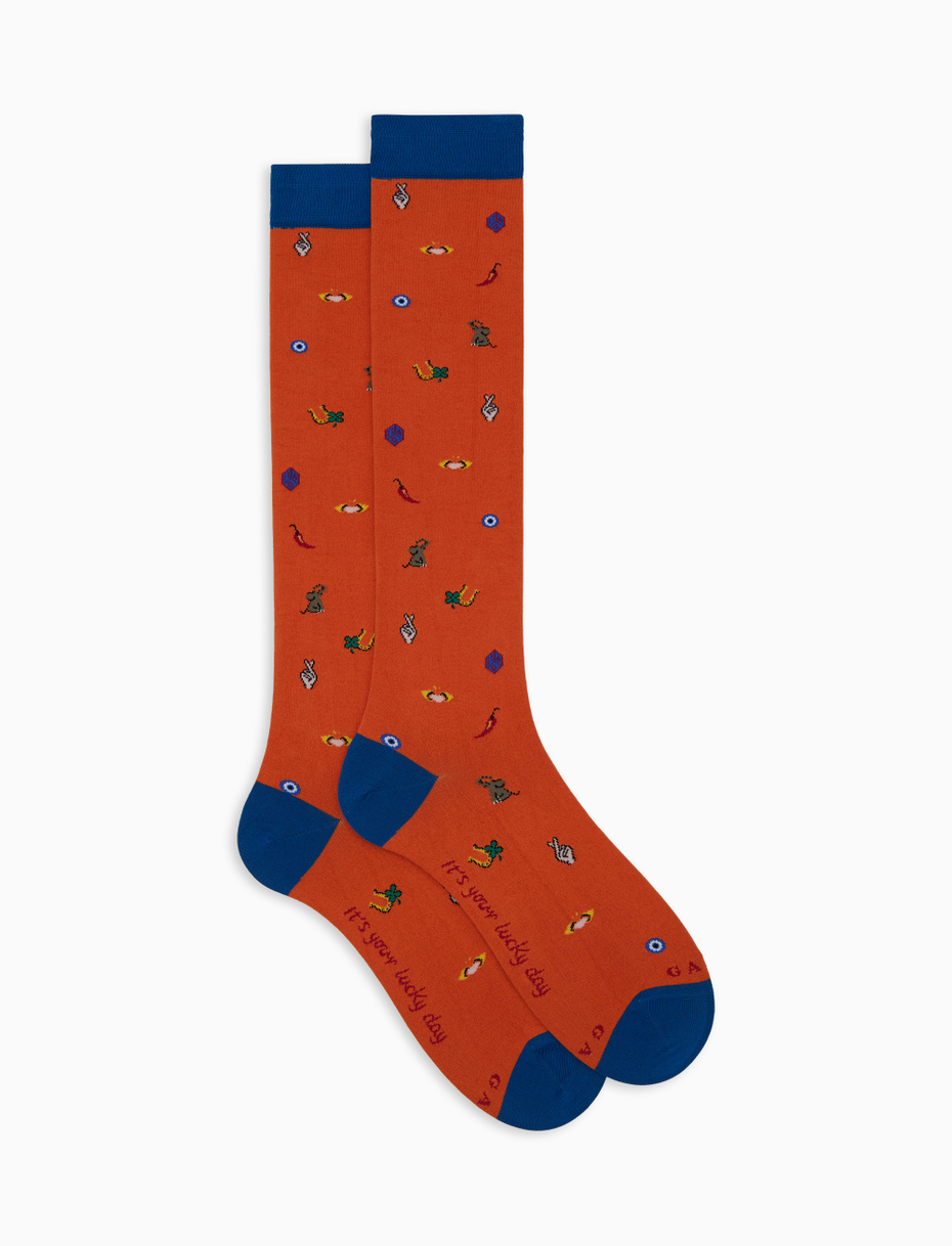 Men’s long orange cotton socks with lucky charm motif - Gallo 1927 - Official Online Shop