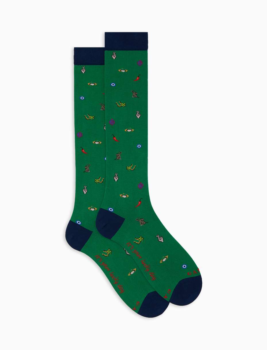 Men’s long green cotton socks with lucky charm motif - Gallo 1927 - Official Online Shop