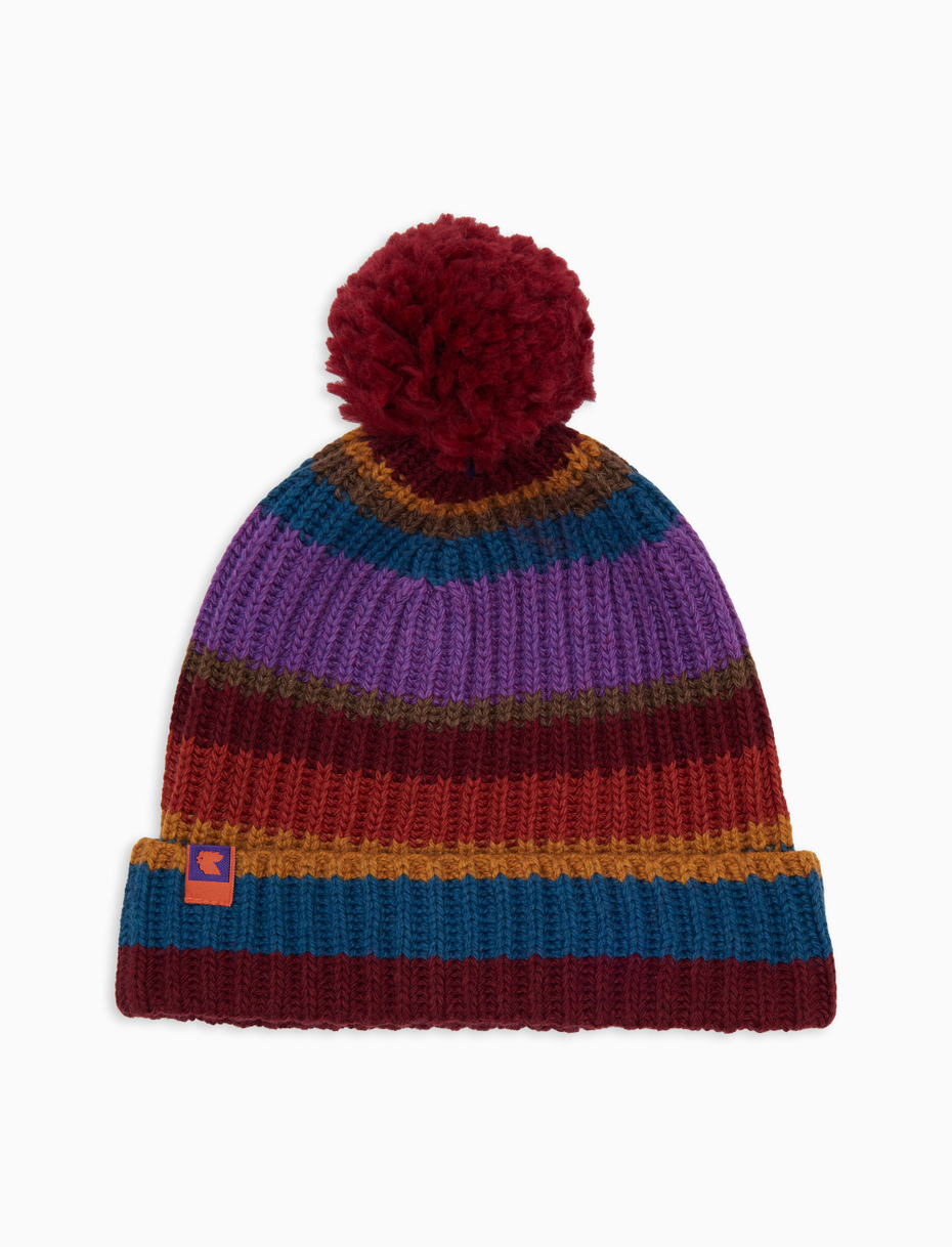 Unisex beret in burgundy wool, viscose, and cashmere with multicolored stripes - Gallo 1927 - Official Online Shop