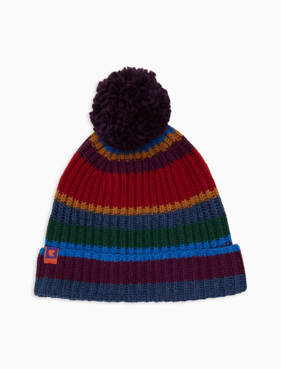 Unisex beret in blue wool, viscose, and cashmere with multicolored stripes - Gallo 1927 - Official Online Shop