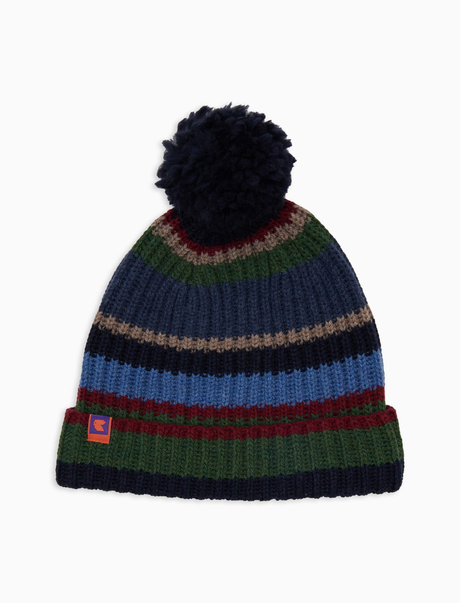 Unisex beret in blue wool, viscose, and cashmere with multicolored stripes - Gallo 1927 - Official Online Shop