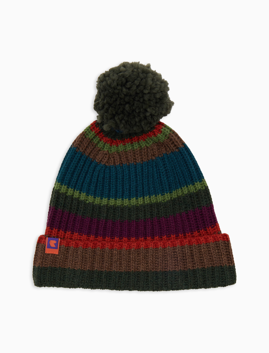 Unisex beret in green wool, viscose, and cashmere with multicolored stripes - Gallo 1927 - Official Online Shop