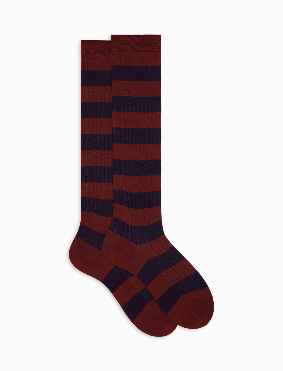 Women’s long brown ribbed cotton socks with two-tone stripes - Gallo 1927 - Official Online Shop