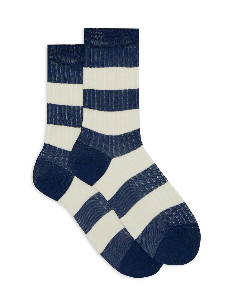 Women's short blue ribbed cotton socks with two-tone stripe pattern - Gallo 1927 - Official Online Shop