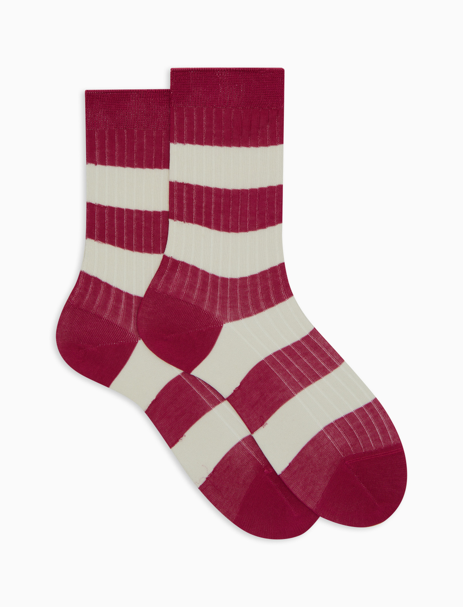 Women's short fuchsia ribbed cotton socks with two-tone stripe pattern - Gallo 1927 - Official Online Shop