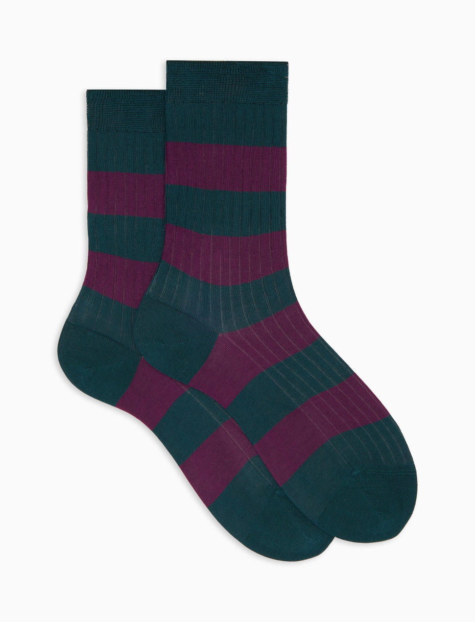 Women’s short green ribbed cotton socks with two-tone stripes - Gallo 1927 - Official Online Shop